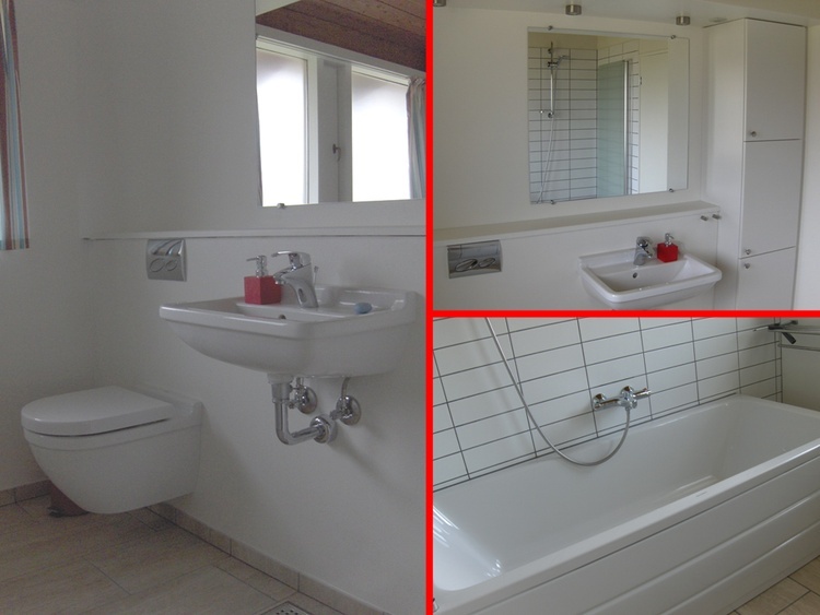 Hell und geräumiges Badezimmer. Mit Badewanne worin die Dusche sich befindet. Fußbodenheizung