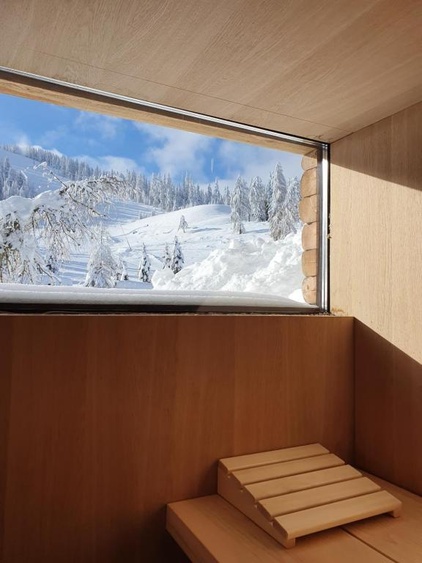 Blick aus der Sauna im Winter