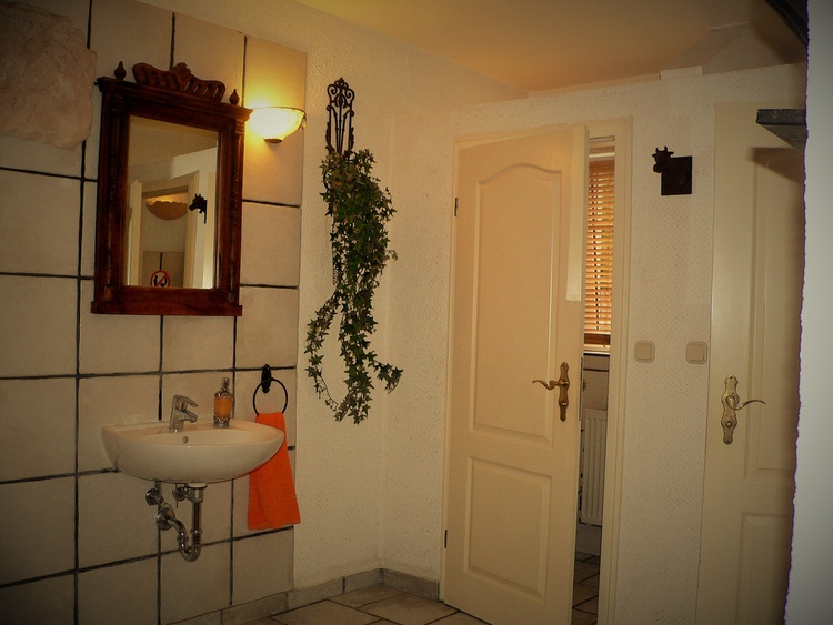 Das Badezimmer verfügt über 2 Duschen, 2 Waschbecken und 2 Toiletten.