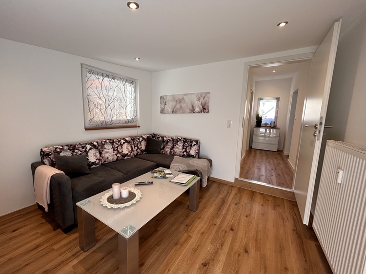 Wohnzimmer inkl. Smart TV, Sofa mit Bettfunktion und kleinem Balkon