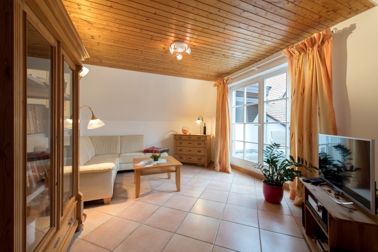 Gemütliches Wohnzimmer mit großen Fenstern, TV und Zugang zur Balkonterrasse