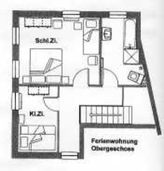 Grundriss Obergeschoss: 2 * 3 Schlafplätze, Bad, Dusche und WC