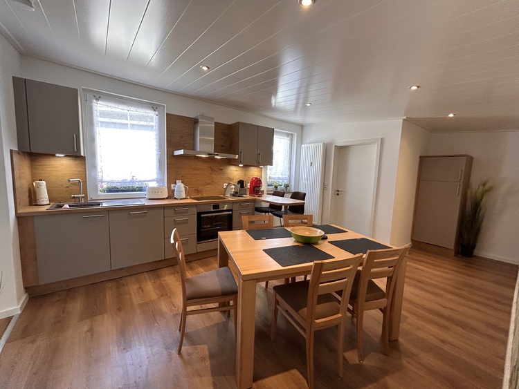 Ansicht Küche, Tresen mit Sitzplätzen, Tisch und Stühle, Spülmaschine, WLAN