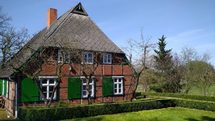 Blick vom Garten mit Apfelbäumen