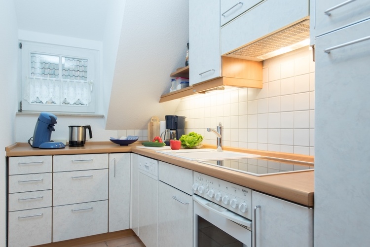 Küche mit Spülmaschine, Herd, Backofen und allem was man in der Küche benötigt