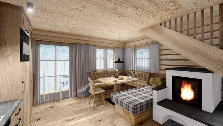 Wohnzimmer mit Esstisch, Schlafsofa und Elektrokamin