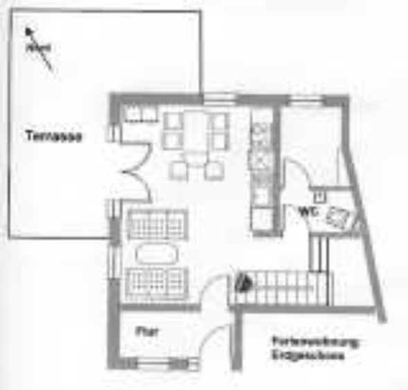 Grundriss Erdgeschoss mit Wohn-Essbereich, Küchenzeile und Gäste WCSonnenterrasse