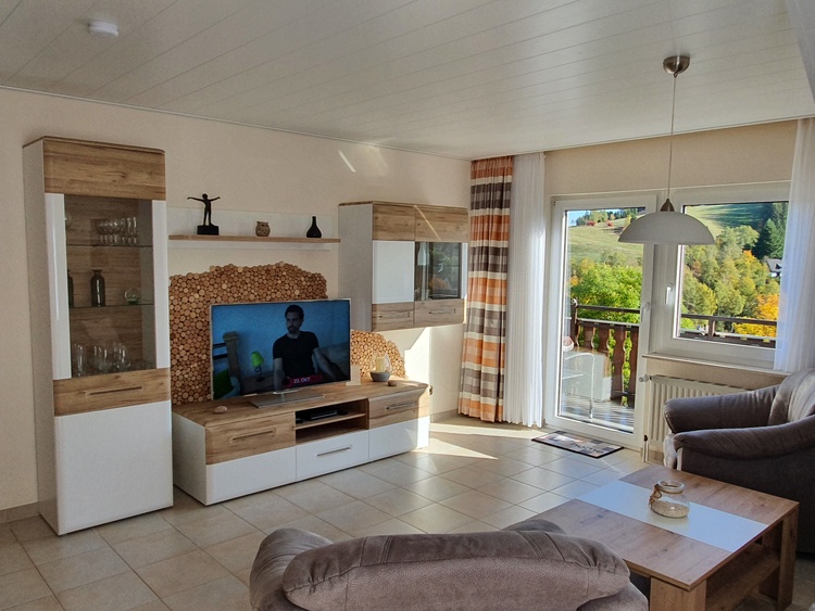 Das Wohnzimmer mit direkten Zugang zum Panoramabalkon