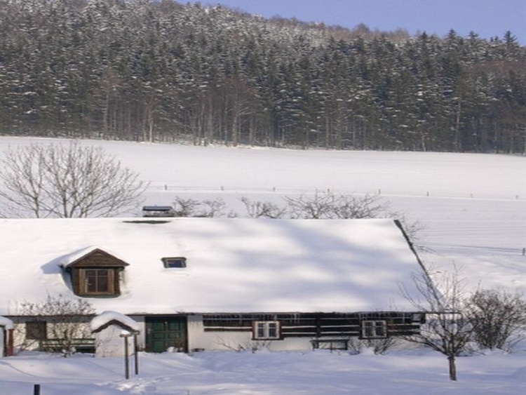 Schlittenfahren beim Haus